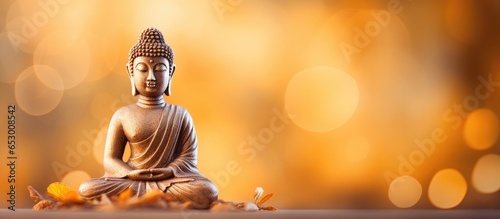 Meditating Buddha statue on blurry natural background