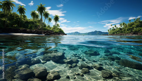 A tranquil scene of turquoise water, palm trees, and paradise generated by AI © grgroup