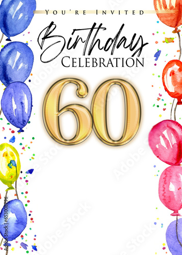 60th Birthday Celebration Invitation Watercolor Design with Balloons and Confetti