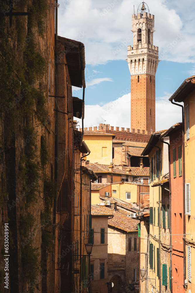 Obraz premium Scenic townscape view of Torre del Mangia bell tower at Piazza del Campo in the historic hilltop village of Siena, Tuscany, Italy.