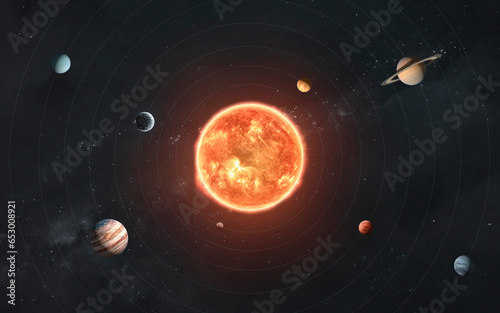 3D illustration of Solar system - all planets in high quality. 5K realistic science fiction art. Elements of image provided by Nasa