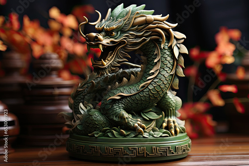 Carved green wooden dragon figurine on dark background