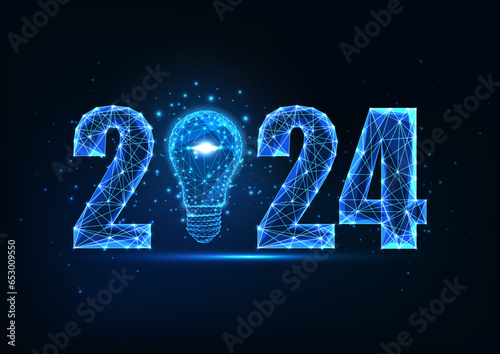 Happy 2024 New Year digital web banner template with futuristic polygonal 2023 number and light bulb