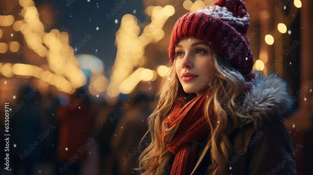 young girl walking through the Christmas market