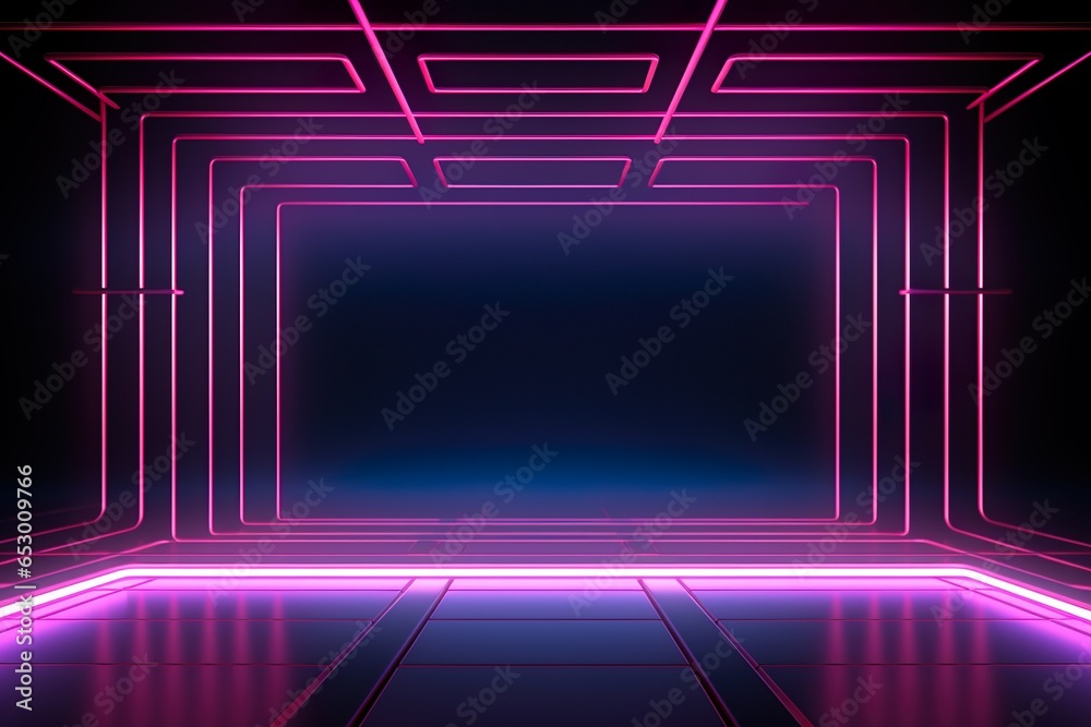 3d render, abstract background with pink blue neon glowing light inside empty room. Futuristic energetic technology concept. Performance stage design. Led lamp panel | Generative AI