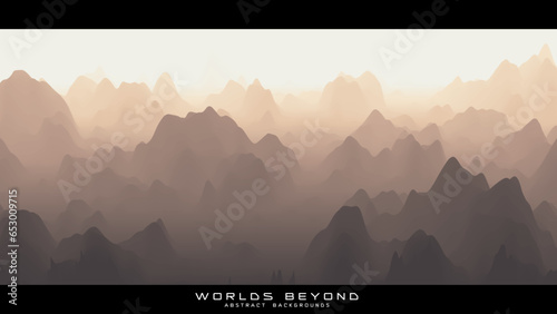 Abstract beige landscape with misty fog till horizon over mountain slopes. Gradient eroded terrain surface. Worlds beyond.