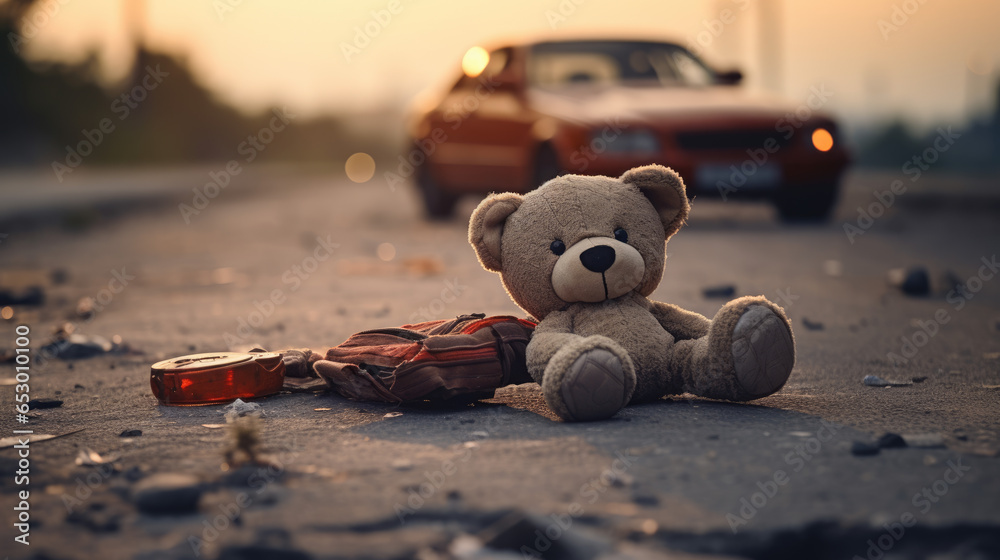 Child teddy bear lying on the street at car accident on highway, crashed auto, automotive insurance concept - obrazy, fototapety, plakaty 
