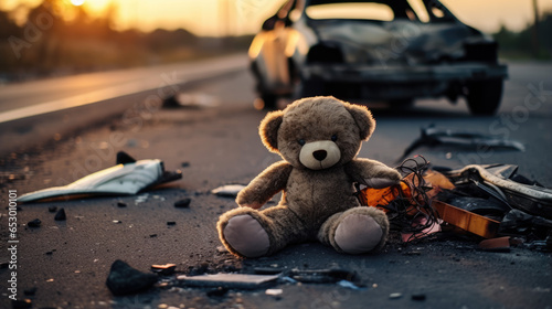 Child teddy bear lying on the street at car accident on highway, crashed auto, automotive insurance concept