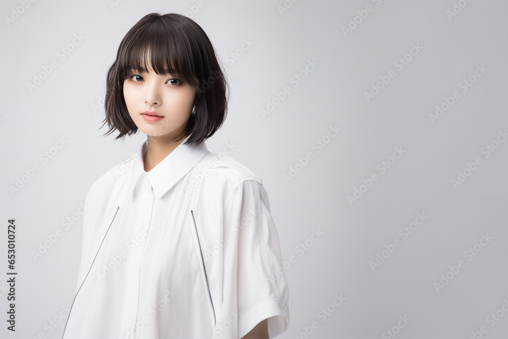 10代の白いシャツを着た微笑む美しい女性