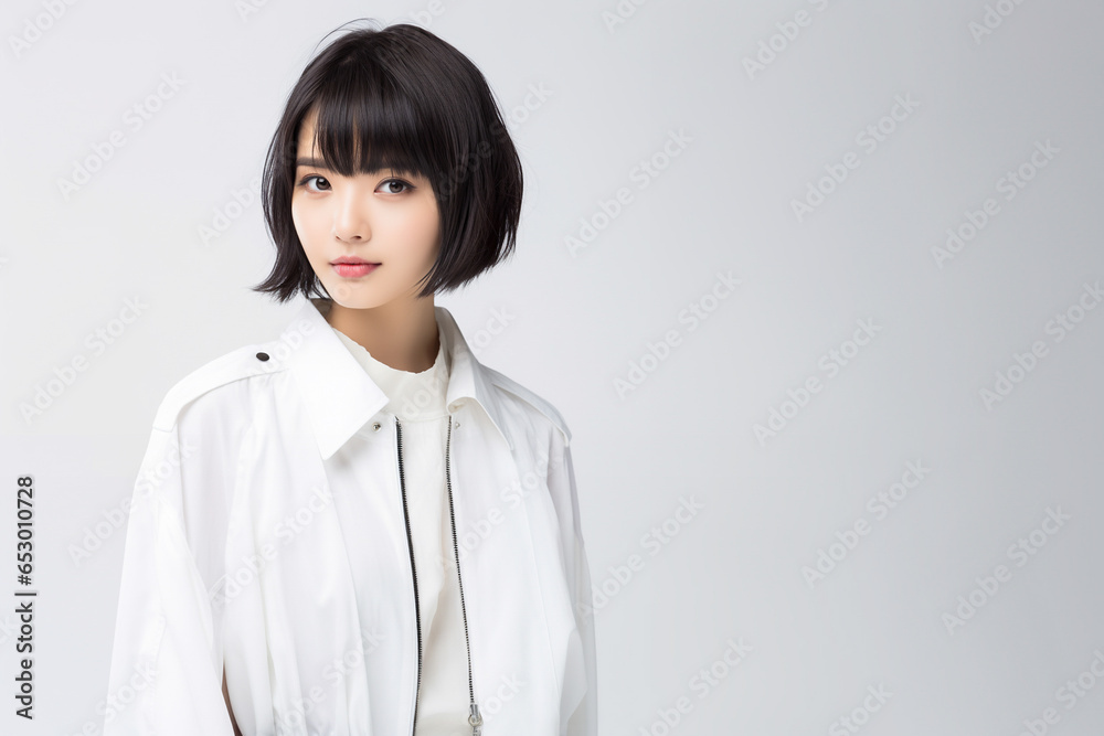 10代の白いシャツを着た微笑む美しい女性 10代の白いシャツを着た微笑む美しい女性