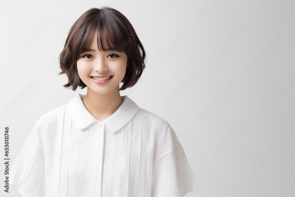 10代の白いシャツを着た微笑む美しい女性 10代の白いシャツを着た微笑む美しい女性