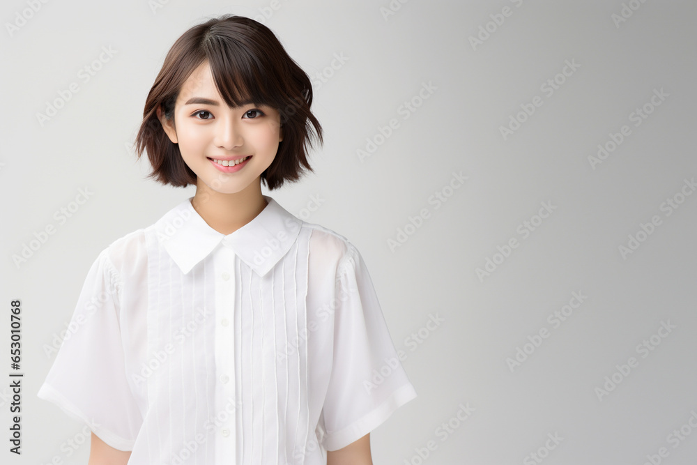 10代の白いシャツを着た微笑む美しい女性 10代の白いシャツを着た微笑む美しい女性