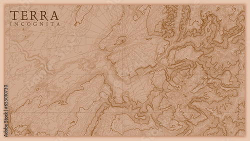 Ancient abstract earth relief old map. Generated conceptual vector elevation map of fantasy landscape.