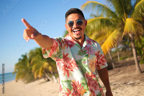 young man in a tropical beach wearing casual clothes pointing with hand and finger to the side.