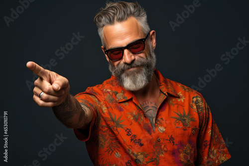 middle age man wearing casual clothes pointing with finger and hand looking to the camera against a grey background
