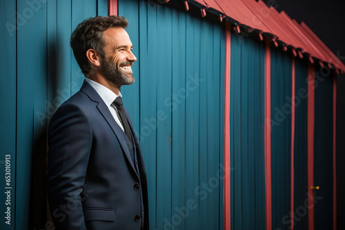 young handsome man wearing formal clothes against a metal hut with copy space