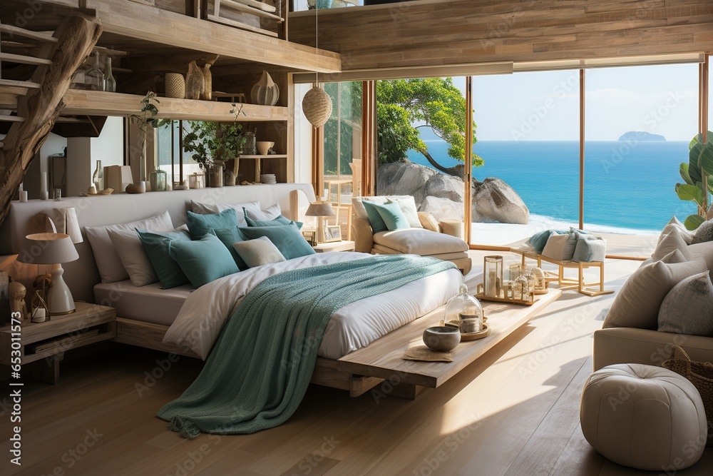 Fototapeta premium Experience unparalleled relaxation in this modern bedroom, perfectly poised to embrace the beach's scenic beauty. Neutral undertones with bursts of oceanic blues and greens harmonize with nature