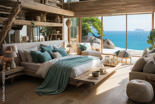Experience unparalleled relaxation in this modern bedroom, perfectly poised to embrace the beach's scenic beauty. Neutral undertones with bursts of oceanic blues and greens harmonize with nature © Kristian