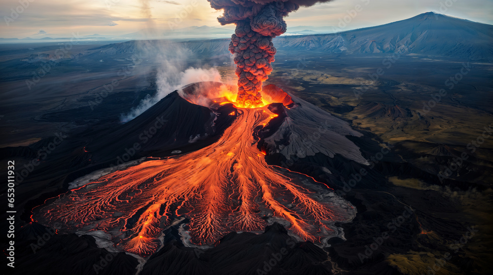 Big volcano eruption, erupting with fiery lava and fire spewing from its crater, natural disaster