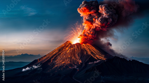 Big volcano eruption, erupting with fiery lava and fire spewing from its crater, natural disaster © OpticalDesign