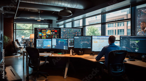 Trader on a stock exchange floor, using AI-powered algorithms and predictive analytics to make split-second investment decisions