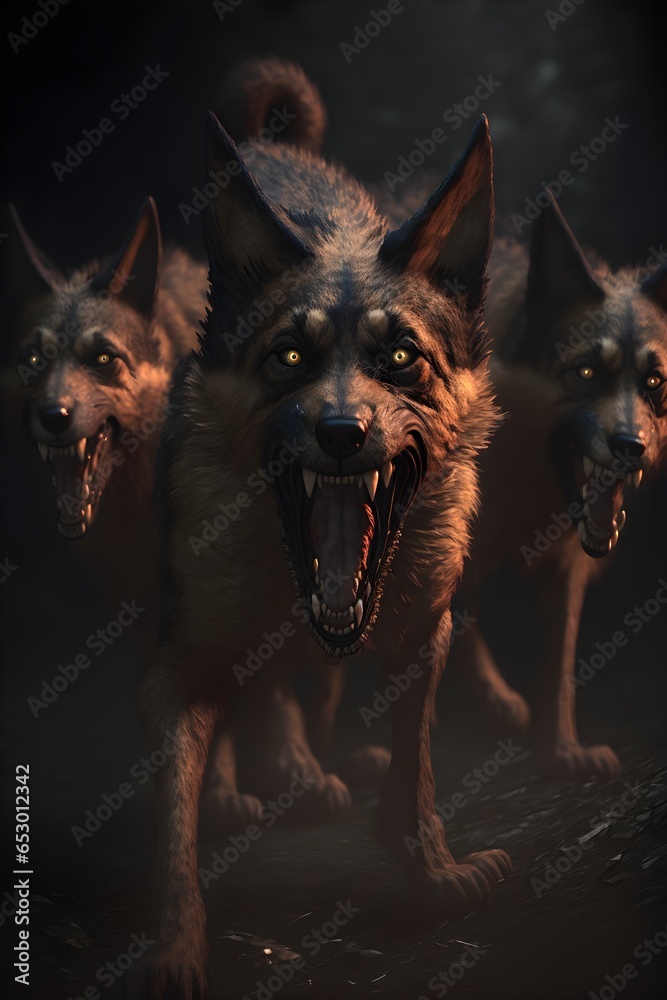 savage mutated pack of feral dogs showing fangs ready to attack in a