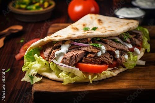 Indulge in the mouth-watering presentation of a freshly crafted Doner Kebab, where marinated meat slices, glistening and tender, nestle within cloud-like pita bread. 