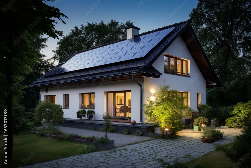 Experience the future of sustainable living with this visual of a modern home, roof adorned with efficient solar panels, harnessing the sun's energy. In the driveway, an electric car charges