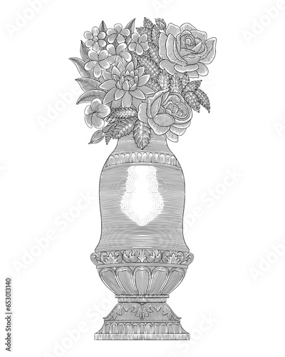 roses and frangipani flowers with antique ornament medieval vase, hand drawing vintage engraving style
 photo