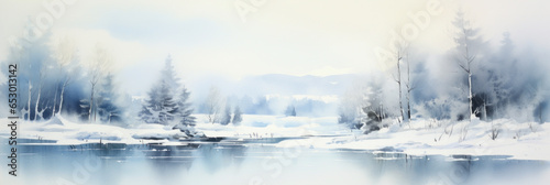 Snowy winter landscape. Misty forest and frozen lake. Watercolor painting.