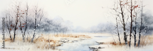 Winter landscape. Frozen river and snowy forest scenery. Watercolor painting.