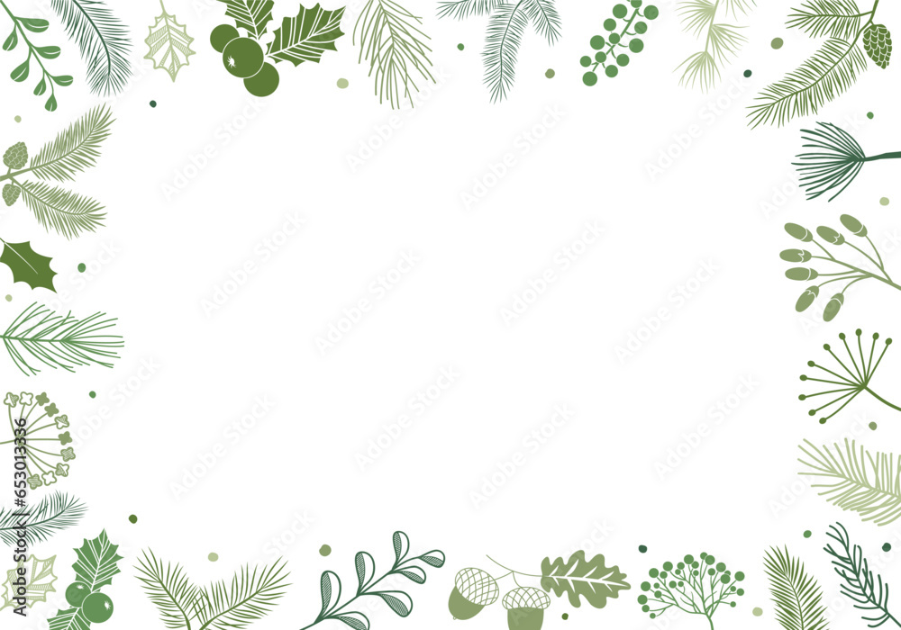 Christmas plant corner. Greenery fir, pine branches border, winter evergreen frame. Decorative background. Holiday vector illustration Christmas plant corner. Greenery fir, pine branches border, winter evergreen frame. Decorative background. Holiday vector illustration