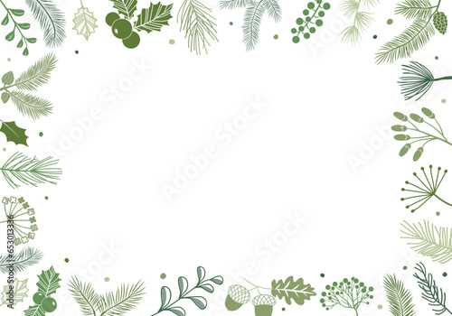Christmas plant corner. Greenery fir, pine branches border, winter evergreen frame. Decorative background. Holiday vector illustration