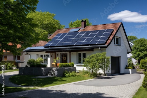 Experience the future of sustainable living with this visual of a modern home, roof adorned with efficient solar panels, harnessing the sun's energy. In the driveway, an electric car charges © Kristian