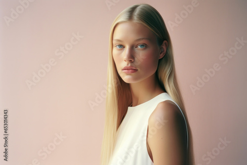 portrait of a young white model/woman in a close up with long blonde hair and natural makeup in a hair commercial/beauty editorial advertisement magazine style film photography look