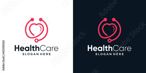 Health care logo design template. Heart logo with stethoscope design graphic vector illustration. Symbol, icon, creative.