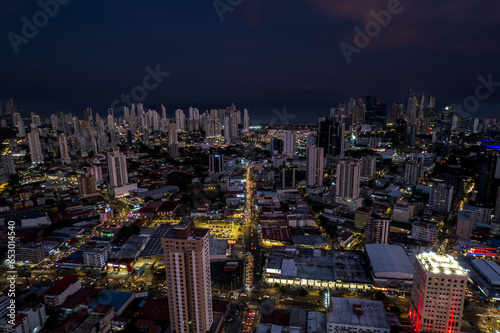 Beautiful aerial view of Panama City  its skyscraper buildings  the Cinta Costera at Sunset