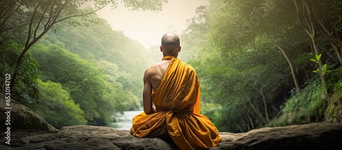 Buddhist practicing tranquil meditation surrounded by nature