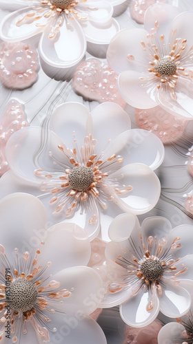 Beautiful spring flowers submerged in clear liquid or glass shimmering as if made of porcelain. Pastel soothing tones. Generative AI. © Popovo