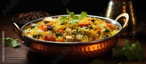 Selective focus on round brass bowl with veg biryani or veg pulav
