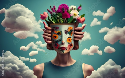 Women with flower grow in the head as representation of self awareness mindfullness 
and self growth. Beautiful mind and Zen Meditation for healthy mental state.