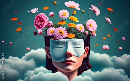 Women with flower grow in the head as representation of self awareness mindfullness 
and self growth. Beautiful mind and Zen Meditation for healthy mental state.