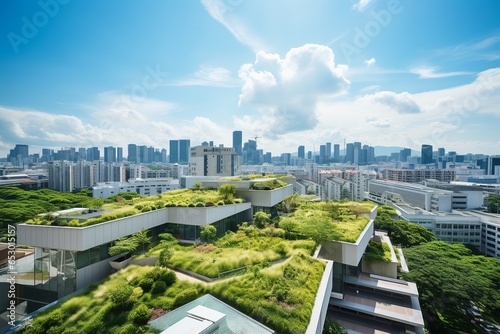 A captivating high-angle view of a city, effortlessly blending modern architecture with sustainable practices. Buildings, bedecked with solar panels and verdant green roofs #653015157