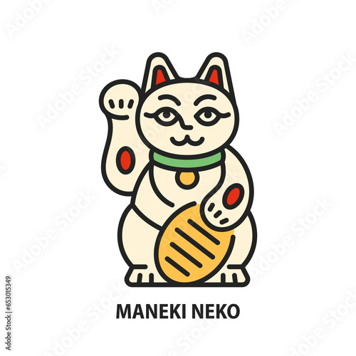 Maneki neko cat with coin line icon. Japanese color symbol wishing good luck with raised paw. Vector sign of wealth, happiness, fortune.