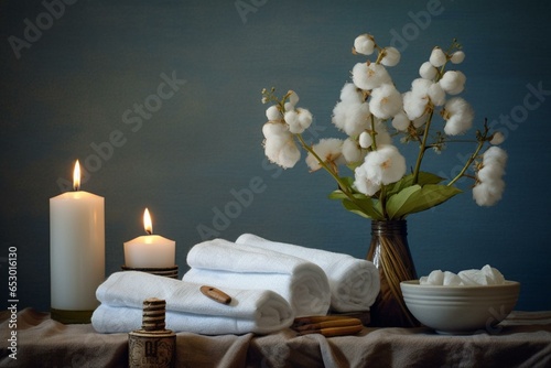 A depiction of candles, cotton flowers, and a towel in a tranquil arrangement. Generative AI