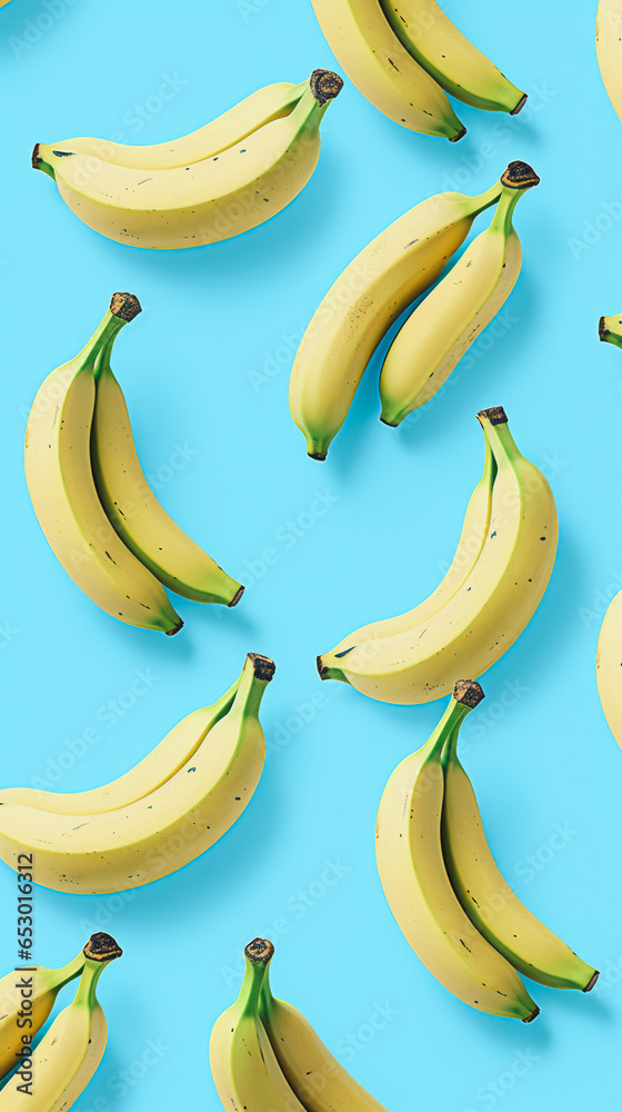 Creative composition pattern made of ripe yellow bananas on a light blue minimal background. Generative AI.