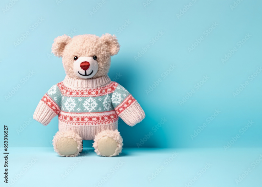 Cute little teddy bear plush toy in a winter or Christmas sweater on a minimal pastel background. Generative AI. Cute little teddy bear plush toy in a winter or Christmas sweater on a minimal pastel background. Generative AI.