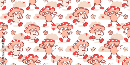 Funny hippy wallpaper. seamless pattern with mascot mushroom. Fun concept with agaric, amanita, daisy. Tile illustration for fabric, paper. Seamless backdrop