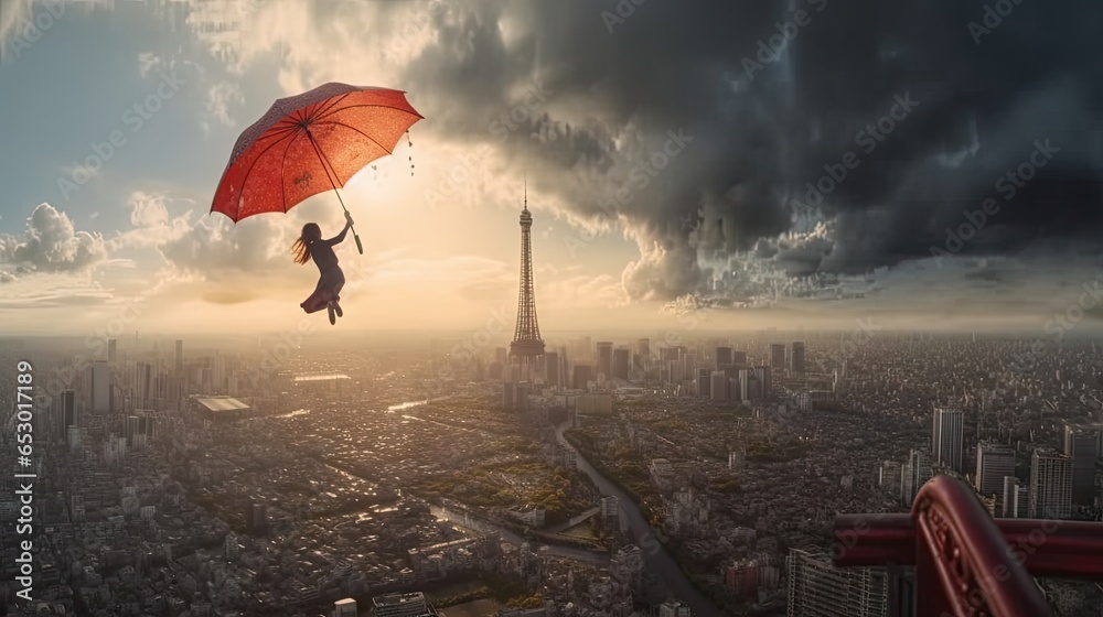 flying girl with red umbrella under city - obrazy, fototapety, plakaty 