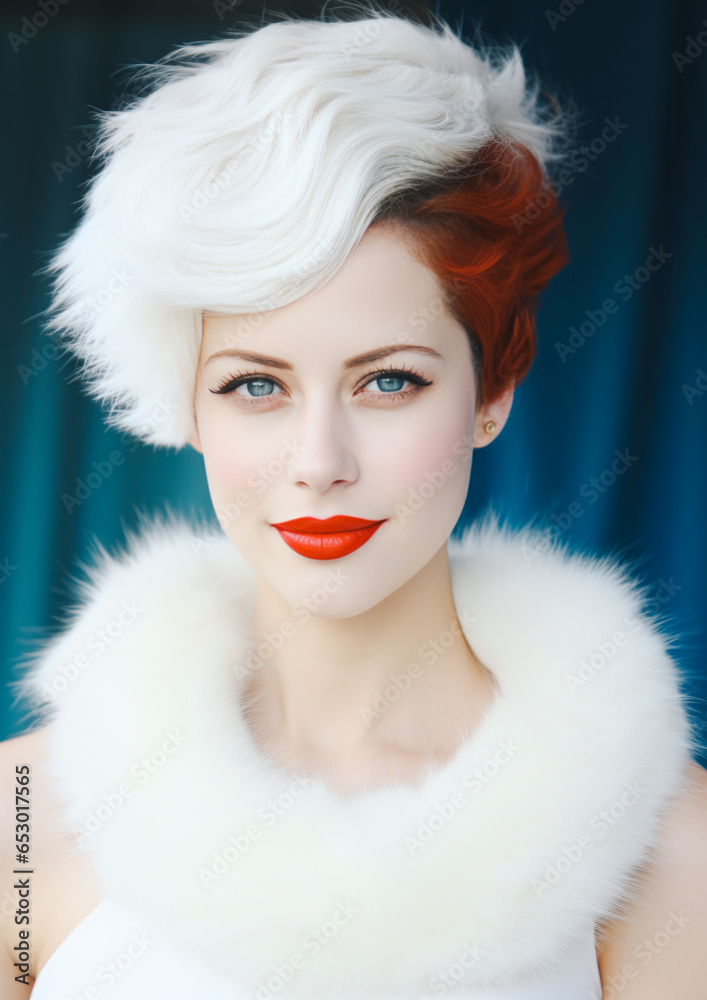 Beautiful girl dressed in elegant white soft fur with a trendy short hairstyle and perfect complexion. Retro vintage fashion vibe. Generative AI. Beautiful girl dressed in elegant white soft fur with a trendy short hairstyle and perfect complexion. Retro vintage fashion vibe. Generative AI.